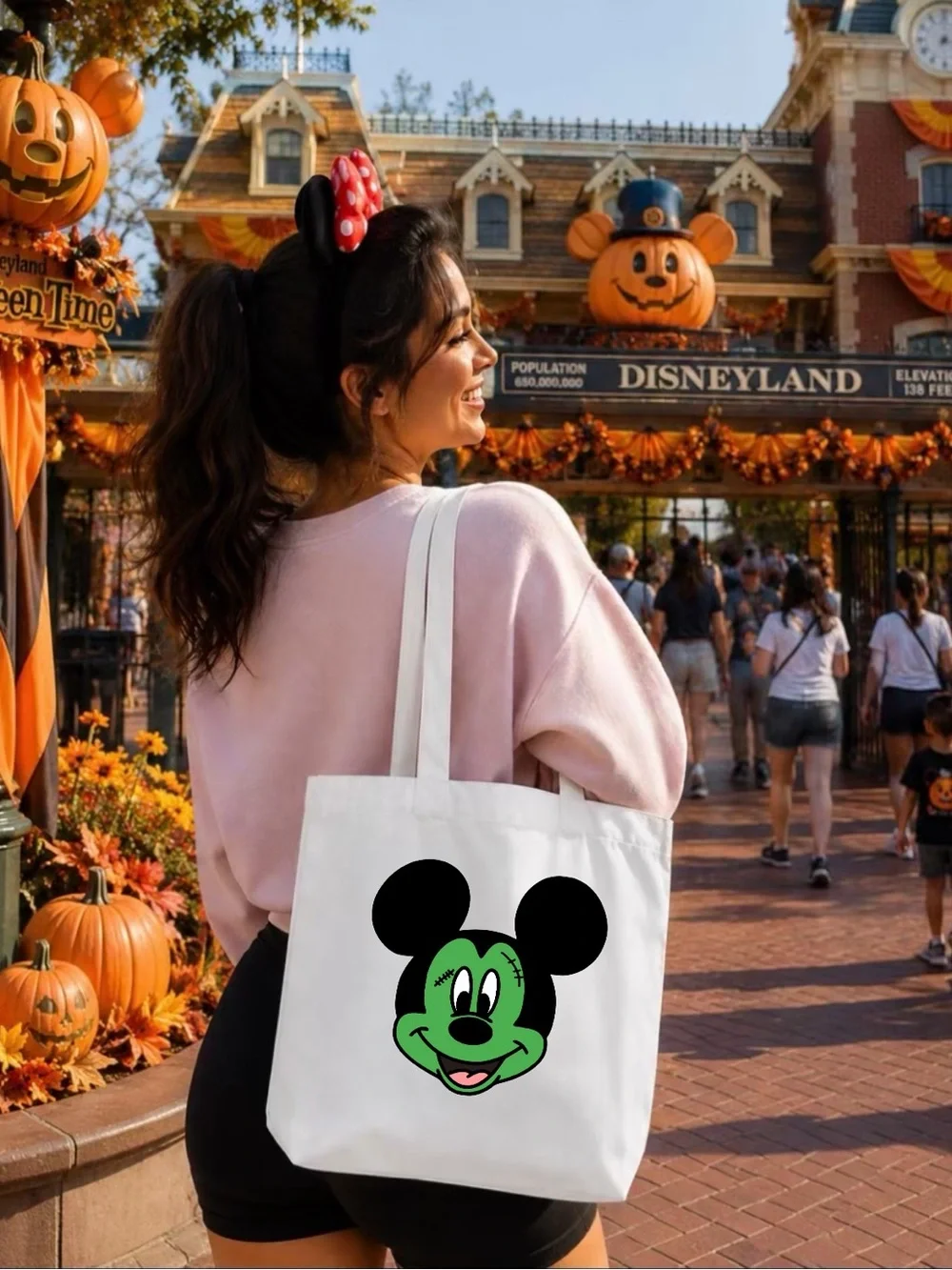 White Tote Bag with Frankenstein mouse Face Print